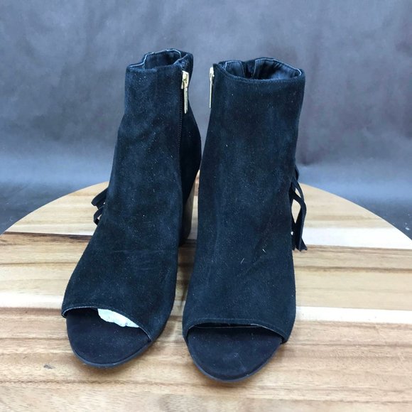 Kenneth Cole Reaction Black Suede Fringe Zip Up Block Heel Peep Toe Booties 8.5 - Picture 2 of 7